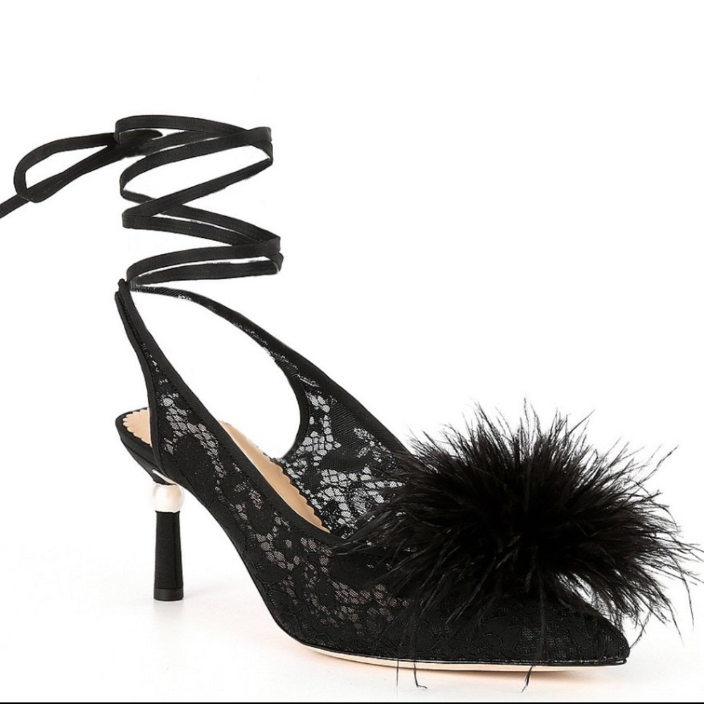 NWT Antonio Melani x Nicola Bathie Claire Ostrich Feathers Wrap Lace Pearl Pumps